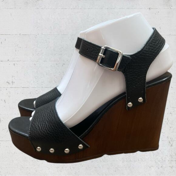 Christian Di Riccio Black Leather Platform Wedge Sandals Size 7.5 EU 38 Italy - Picture 5 of 8